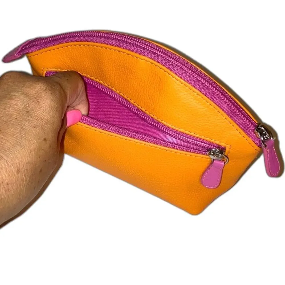 ILI New York Hot Lips Leather Cosmetic Makeup Case Bright Orange with Pink Lips